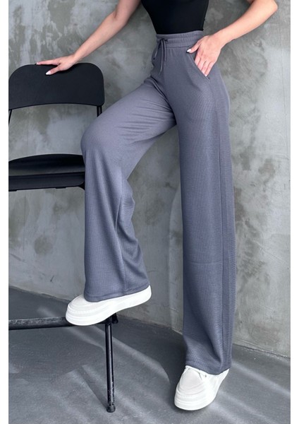 Kadın Yeni Sezon Bol Paça Fitilli Kumaş Bel Lastikli Mevsimlik Pantolon Gri / M indirimleri