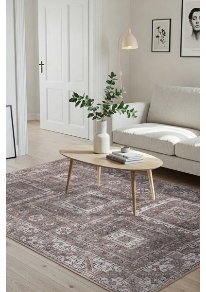 Stonart Eskitme Vintage Desenli Kahverengi Otantik Yıkanabilir Şönil Halı Al 460