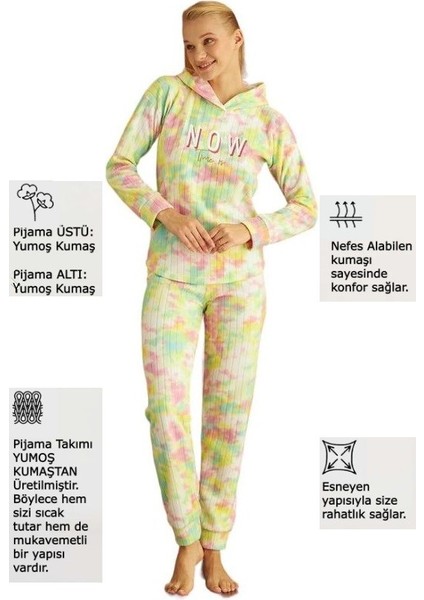 Kadın Batik Desenli Kapüşonlu Fitilli Polar Bilek Manşetli Kışlık Jogger Pijama Takımı
