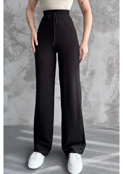 Kadın Yeni Sezon Bol Paça Fitilli Kumaş Bel Lastikli Mevsimlik Pantolon Siyah / L