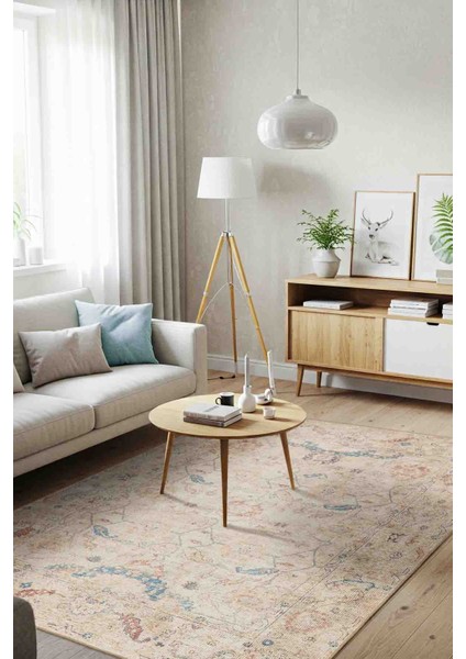 Relic Bej / Mavi Vintage Dokulu Klasik Desenli Dokuma Tabanlı Şönil Halı Al 476