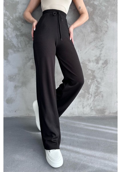 Kadın Yeni Sezon Bol Paça Fitilli Kumaş Bel Lastikli Mevsimlik Pantolon Siyah / L fırsatları