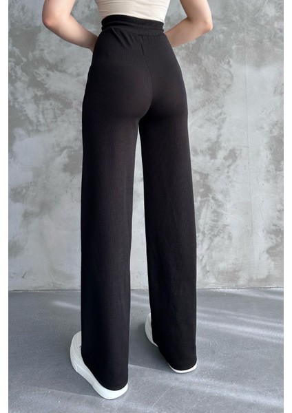 Kadın Yeni Sezon Bol Paça Fitilli Kumaş Bel Lastikli Mevsimlik Pantolon Siyah / L