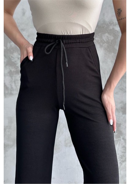 Kadın Yeni Sezon Bol Paça Fitilli Kumaş Bel Lastikli Mevsimlik Pantolon Siyah / L