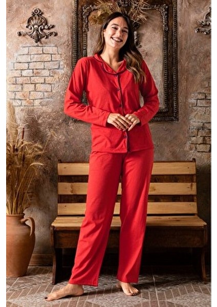 Kırmızı Renk Biyeli Pamuklu Gömlek Uzun Kol Pijama Takımı fiyatları