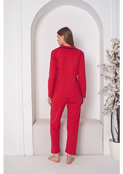 Kırmızı Renk Biyeli Pamuklu Gömlek Uzun Kol Pijama Takımı modelleri