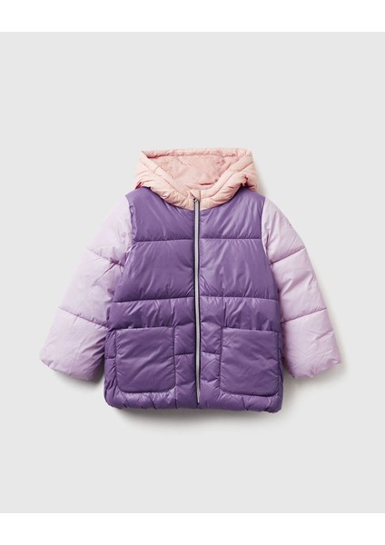 Kız Bebek Mor Logo Işlemeli Kapüşonlu Mont