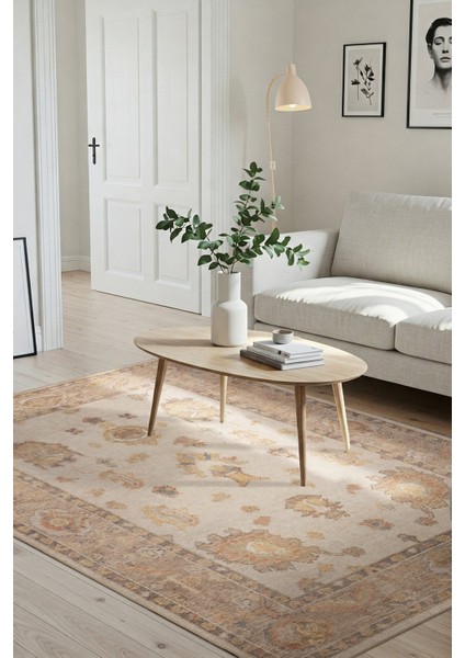 Relic Bej / Sarı Vintage Dokulu Klasik Desenli Dokuma Tabanlı Şönil Halı Al 495