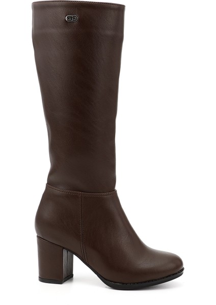 Kadın Kahverengi Yuvarlak Burun Fermuarlı Kalın Topuklu Çizme