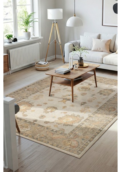 Relic Sarı / Bej Dokulu Klasik Desenli Dokuma Tabanlı Şönil Halı Al 513