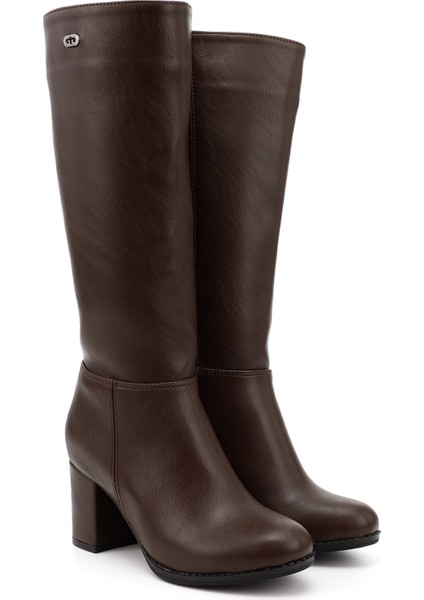 Kadın Kahverengi Yuvarlak Burun Fermuarlı Kalın Topuklu Çizme fiyatları