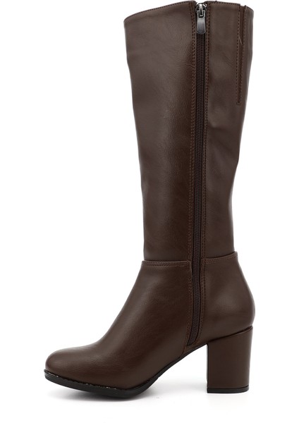 Kadın Kahverengi Yuvarlak Burun Fermuarlı Kalın Topuklu Çizme modelleri