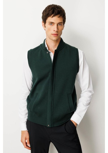 Erkek Hakim Yaka Çelik Örgü Yün Yelek Yeşil