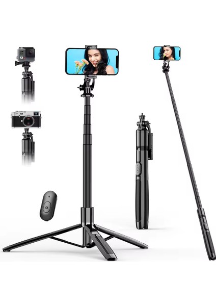 Magic Snapshot Selfie Stick Tripod – 156 cm Uzatılabilir, Bluetooth Kablosuz Kumandalı, Hafif Alüminyum Alaşımlı, Katlanabilir Taşınabilir Tripod ve Selfie Çubuğu 2'si 1 Arada | Q06