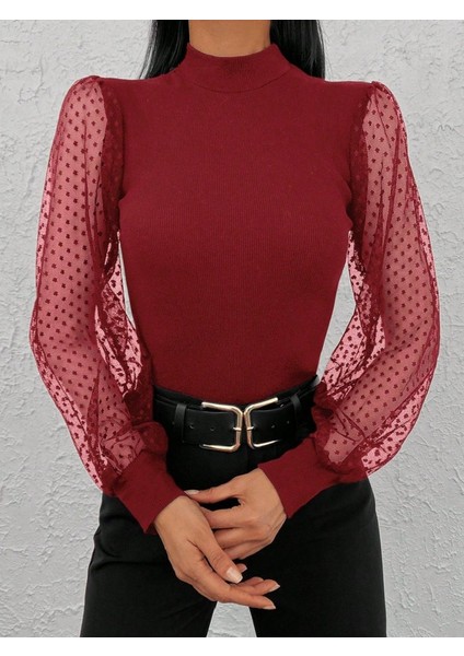 Kadınkolu Tül Detaylı Yarım Balıkçı Kaşkorse Bluz