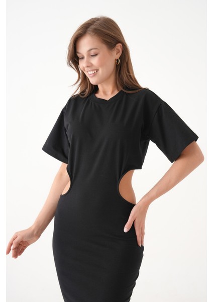 Kadın Bel ve Sırtı Açık Pamuklu Yazlık Bisiklet Yaka Mini Elbise fırsatları