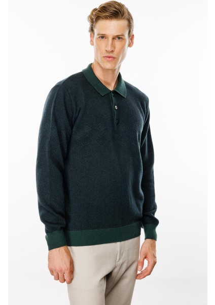 Erkek Polo Yaka Göğsü Baklava Desenli Yün Kazak Yeşil