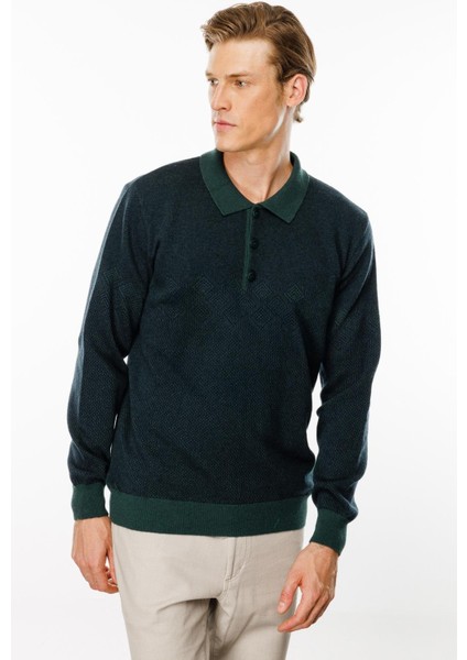 Erkek Polo Yaka Göğsü Baklava Desenli Yün Kazak Yeşil fiyatları