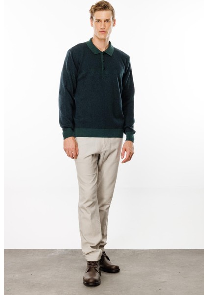 Erkek Polo Yaka Göğsü Baklava Desenli Yün Kazak Yeşil modelleri