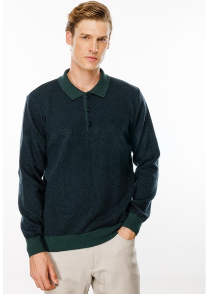 Erkek Polo Yaka Göğsü Baklava Desenli Yün Kazak Yeşil fırsatları