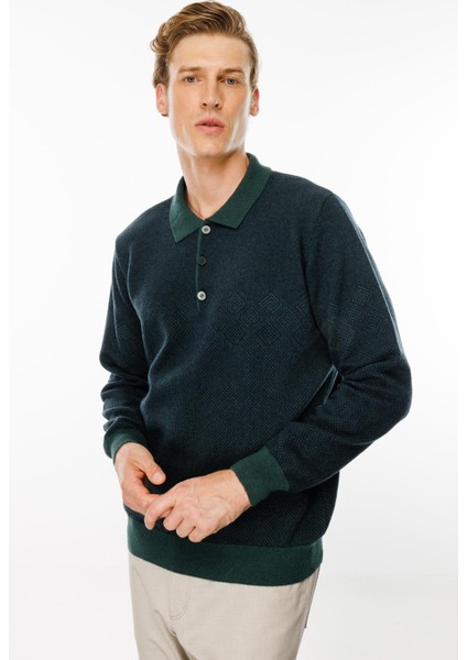 Erkek Polo Yaka Göğsü Baklava Desenli Yün Kazak Yeşil indirimleri