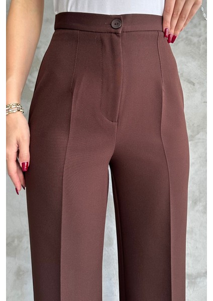 Kadın Yeni Sezon Yüksek Bel Klasik Kahverengi Kumaş Pantolon Kahve / Xl