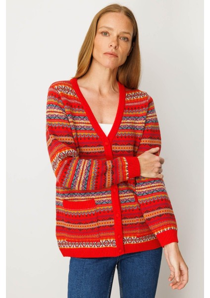 Kadın V Yaka Jakarlı Yün Hırka Mercan