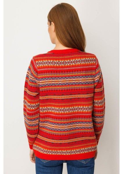 Kadın V Yaka Jakarlı Yün Hırka Mercan modelleri