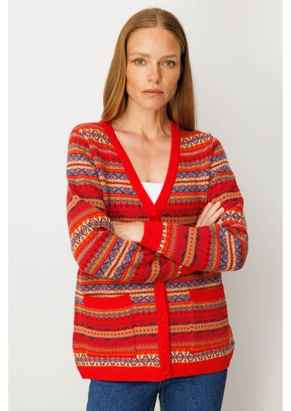 Kadın V Yaka Jakarlı Yün Hırka Mercan fırsatları