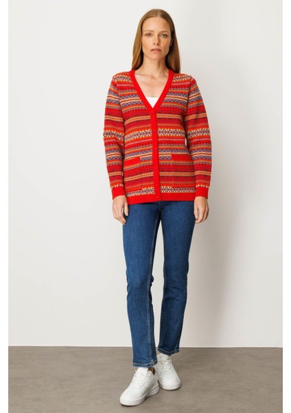 Kadın V Yaka Jakarlı Yün Hırka Mercan indirimleri