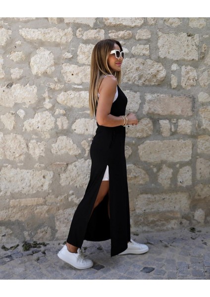 Kadın Yırtmaç Detaylı Viskon Kumaş Maxi Boy Cepli Iç Dahil Ikili Elbise modelleri