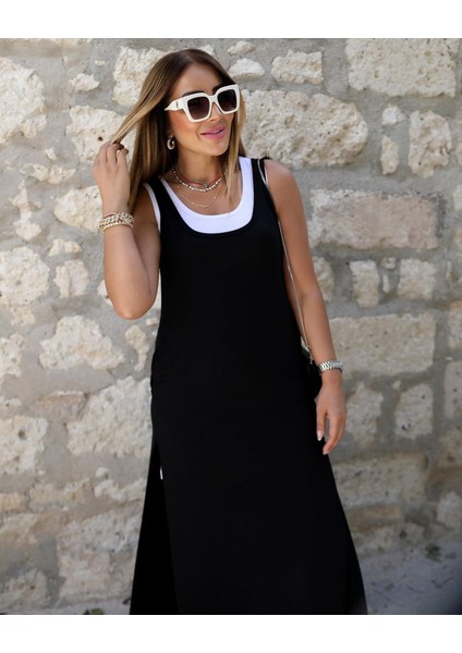 Kadın Yırtmaç Detaylı Viskon Kumaş Maxi Boy Cepli Iç Dahil Ikili Elbise