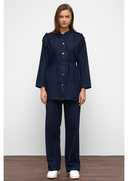 Apolet Detaylı Tunik Pantolon Denim Takım Koyu Mavi 9381-TK