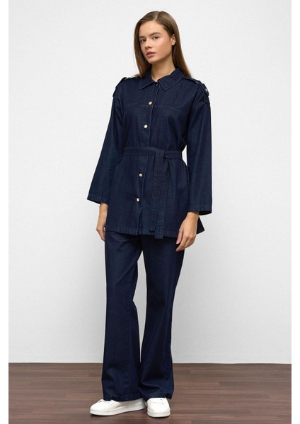 Apolet Detaylı Tunik Pantolon Denim Takım Koyu Mavi 9381-TK modelleri