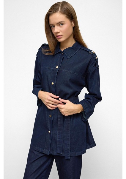 Apolet Detaylı Tunik Pantolon Denim Takım Koyu Mavi 9381-TK fırsatları