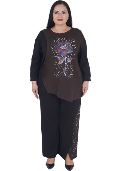 Kadın Büyük Beden İnci Detaylı Gül Baskılı Alt Üst İkili Takım