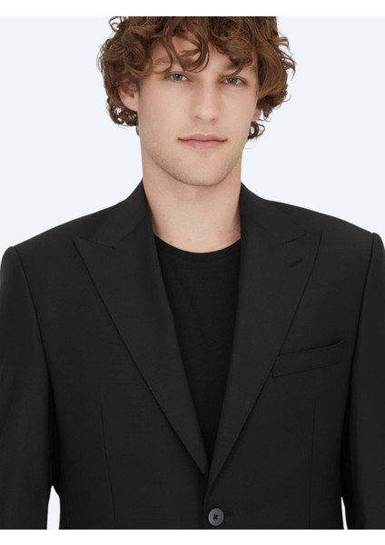 Siyah Düz Modern Fit Yün Karışımlı Takım Elbise modelleri