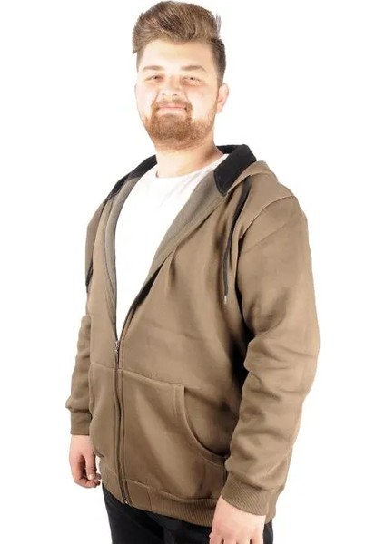 Erkek Sweatshirt Kapşonlu Zippered Basic 20543 Haki