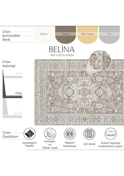 Belina Krem Vizon Vintage Halı Ince Etnik Desen Bukle Retro Oda Oturma Odası Salon Halısı modelleri