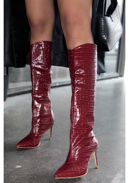 Karius Krok Desenli Kadın Bordo Topuklu Çizme