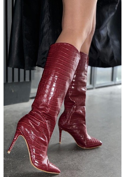 Karius Krok Desenli Kadın Bordo Topuklu Çizme modelleri