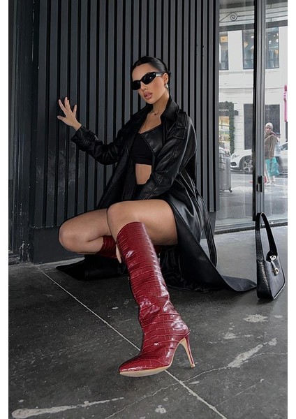 Karius Krok Desenli Kadın Bordo Topuklu Çizme indirimleri