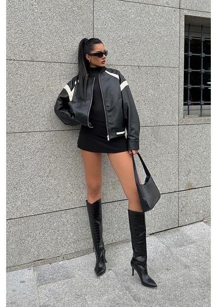 Karius Krok Desenli Kadın Siyah Topuklu Çizme