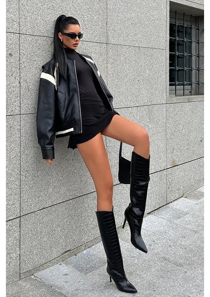 Karius Krok Desenli Kadın Siyah Topuklu Çizme modelleri