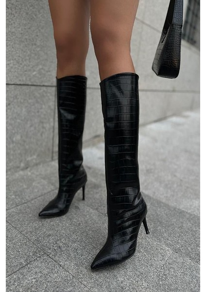 Karius Krok Desenli Kadın Siyah Topuklu Çizme fırsatları