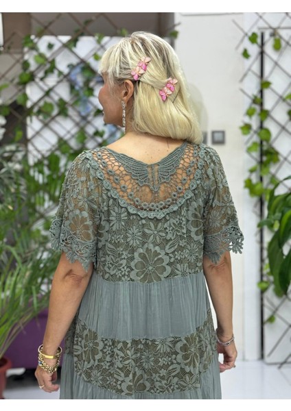 N10337 Italyan Ipek Elbise Haki