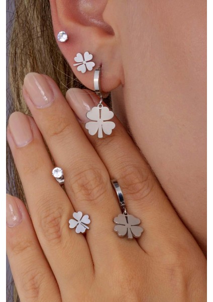 Yonca Motifli Üçlü Yonca Beyaz Altın Kaplama Çelik Küpe fiyatları