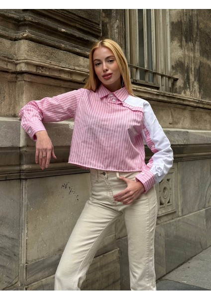 Kadın Özel Tasarım Yaka Kol Düğmeli Çizgi Garnili Crop Boy Tesettüre Uygun Bluz Gömlek fırsatları