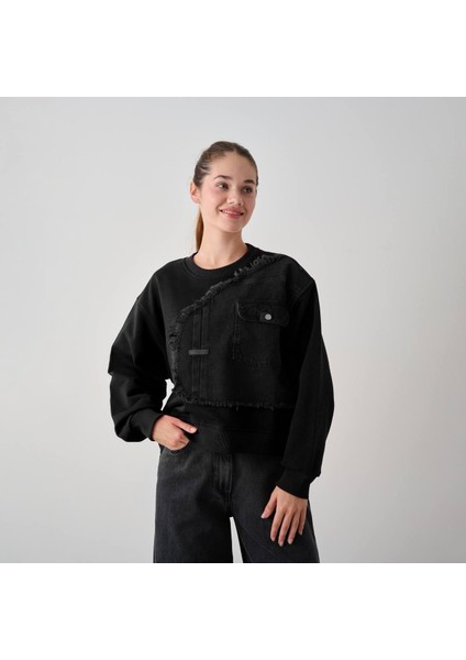 Kız Çocuk Önü Denim Garni Cepli 3 Iplik Sweat