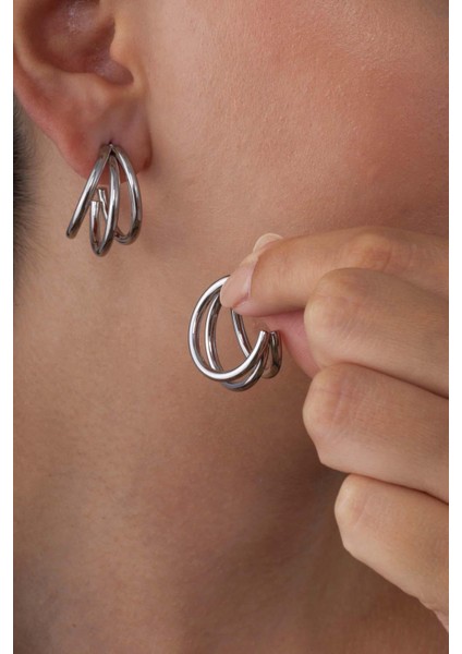 Üçlü Yarım Tur Birleşik Halka Model Beyaz Altın Kaplama Çelik Kadın Küpe modelleri